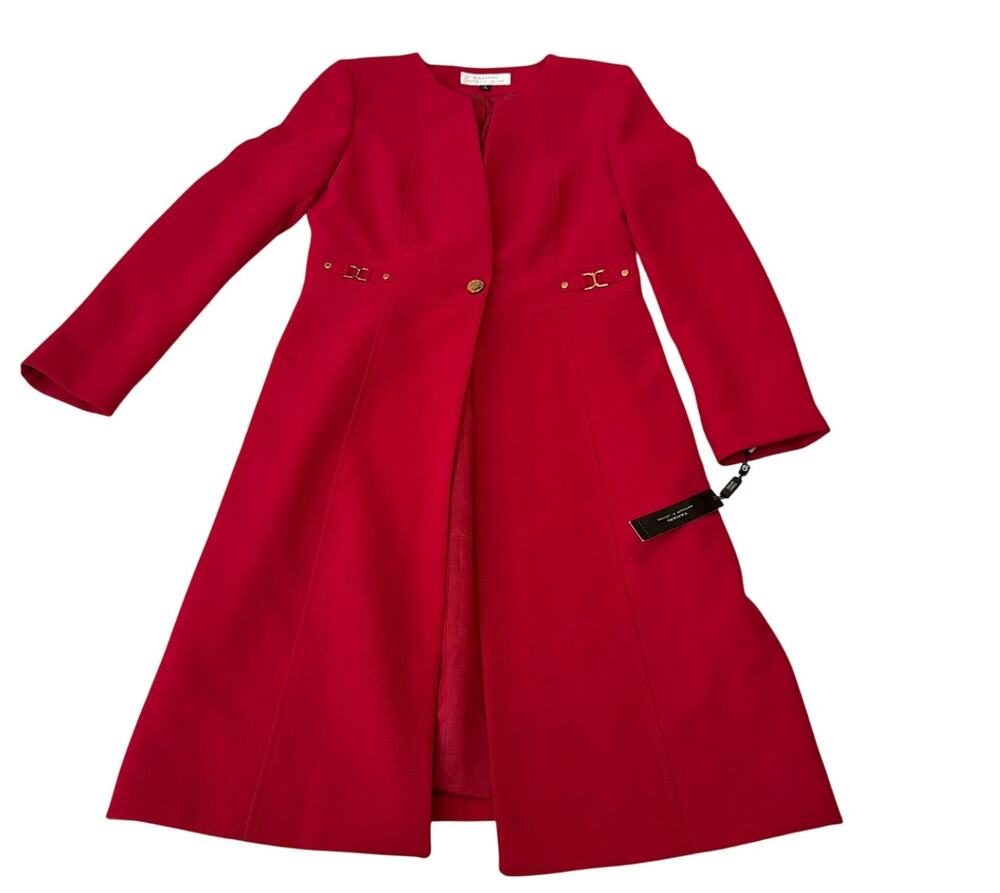Tahari NWT Red Collarless A-Line Coat Jacket Gold Buckle Size 6